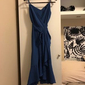 Blue Ruffled Midi Wrap Dress